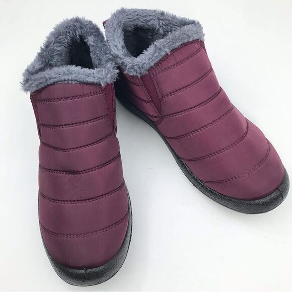 BJ Burgundy Quilted Faux Fur Lined Soft Sole Flat Ankle Slipper Shoes - Picture 4 of 14